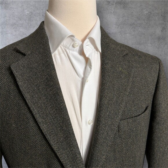 Vintage LANDS END TWEED WOOL Mens Blazer 40L Sport Coat Jacket Green Herringbone - Picture 4 of 14